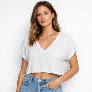 Zara White Crop Oversized T Shirt V Neck, Small